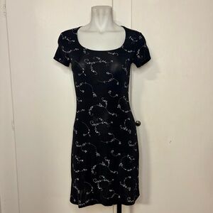 Vintage 90s Perception Black Gray Dainty Floral Slinky Short Sleeve Mini Dress